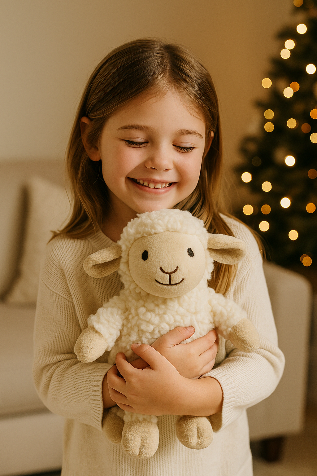 Child holding Shep the Sheep plush in a cozy living room at Christmas